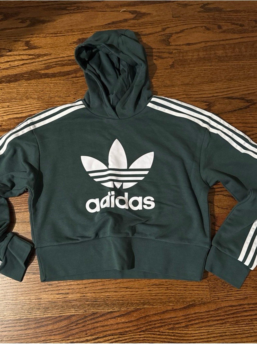 adidas Kids Dark Green Hoodie with White Trefoil & Stripes